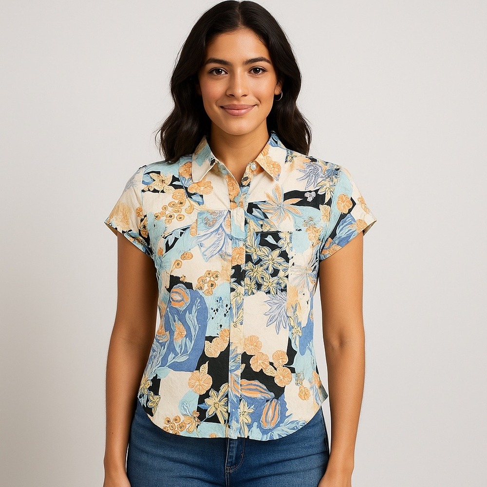 Pink Collection Y2K Floral Patchwork Print Short Sleeve Button Down Shirt Size L